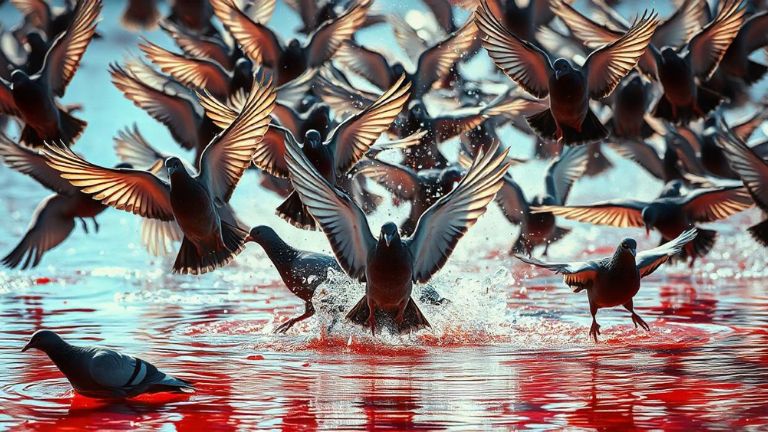 275 pigeons dive into a pond filled with red glue